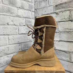 Vintage Suede Leather Faux Fur Sherpa Lined Boots 6 Brown Snow Winter Wedge